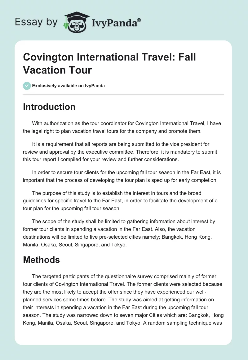 Covington International Travel: Fall Vacation Tour. Page 1