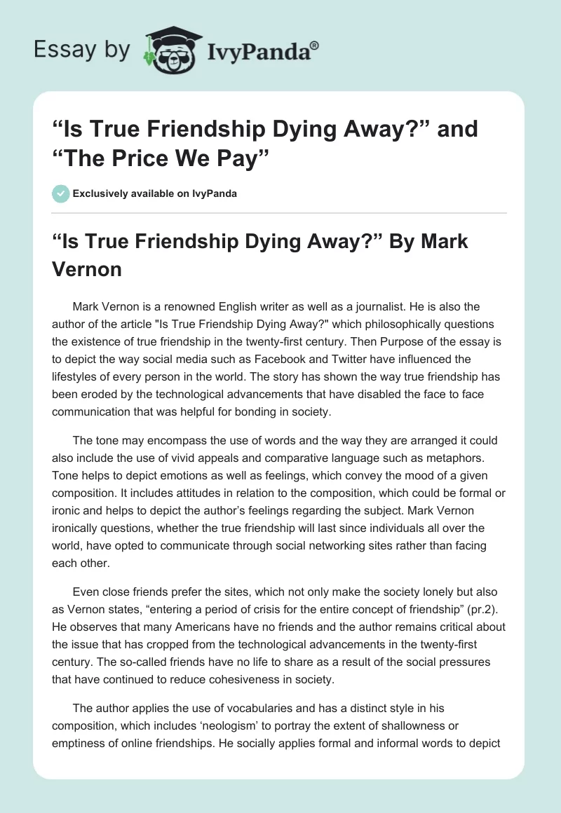 “Is True Friendship Dying Away?” and “The Price We Pay”. Page 1