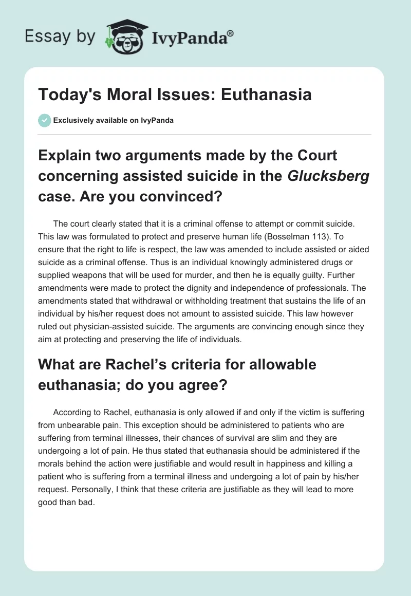 Today's Moral Issues: Euthanasia. Page 1