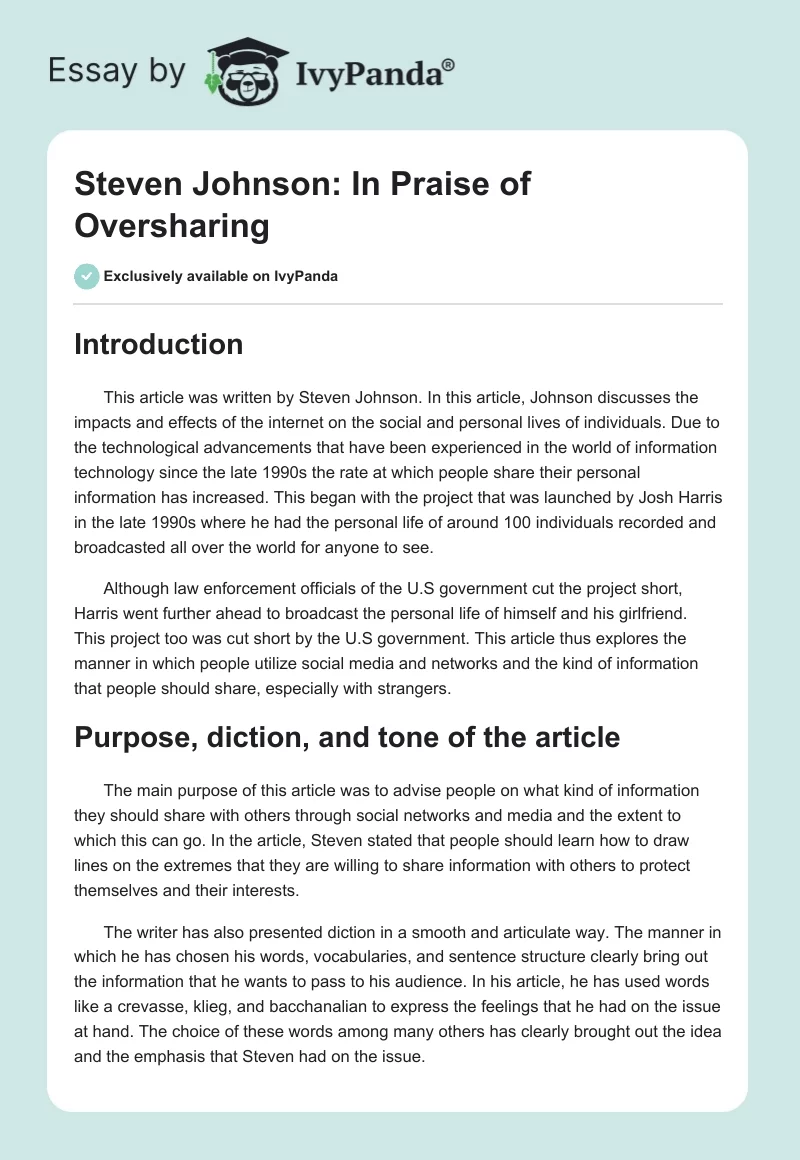 Steven Johnson: In Praise of Oversharing. Page 1