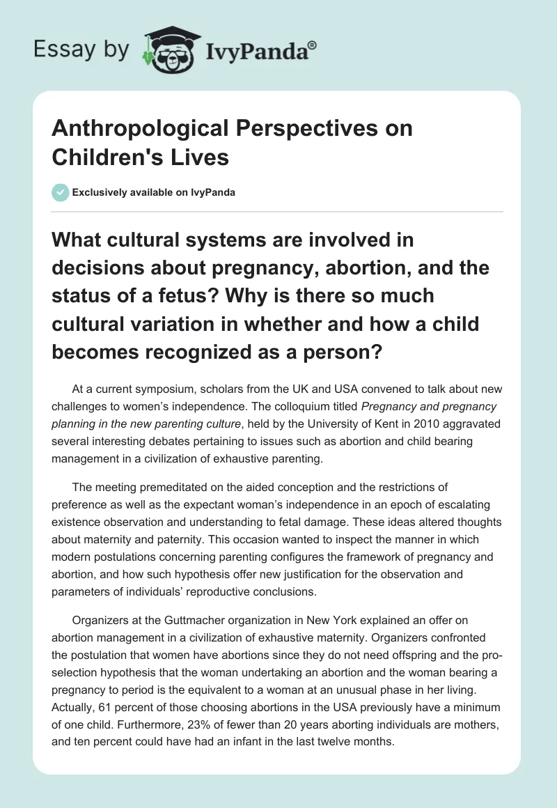Anthropological Perspectives on Children's Lives. Page 1