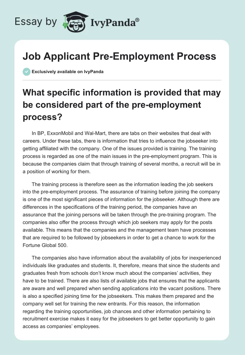 Job Applicant Pre-Employment Process. Page 1