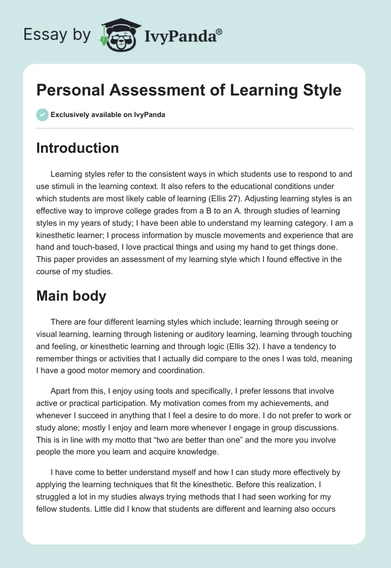 Personal Assessment of Learning Style. Page 1