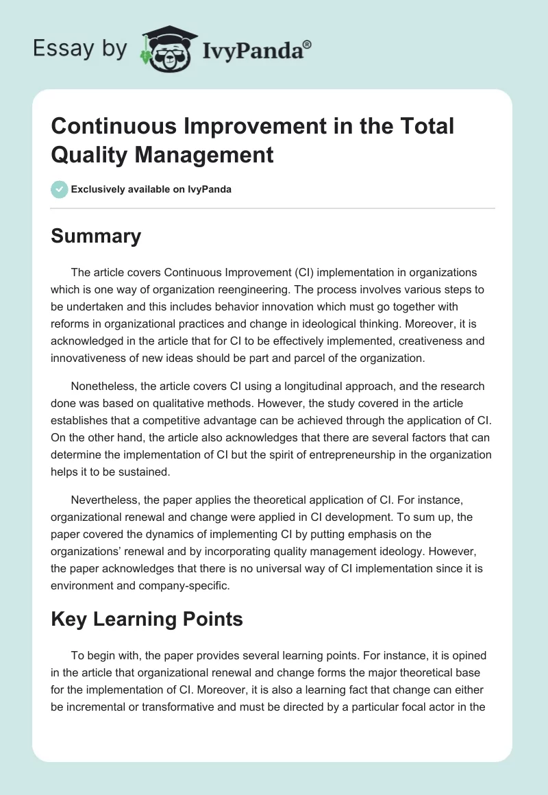 Continuous Improvement in the Total Quality Management. Page 1