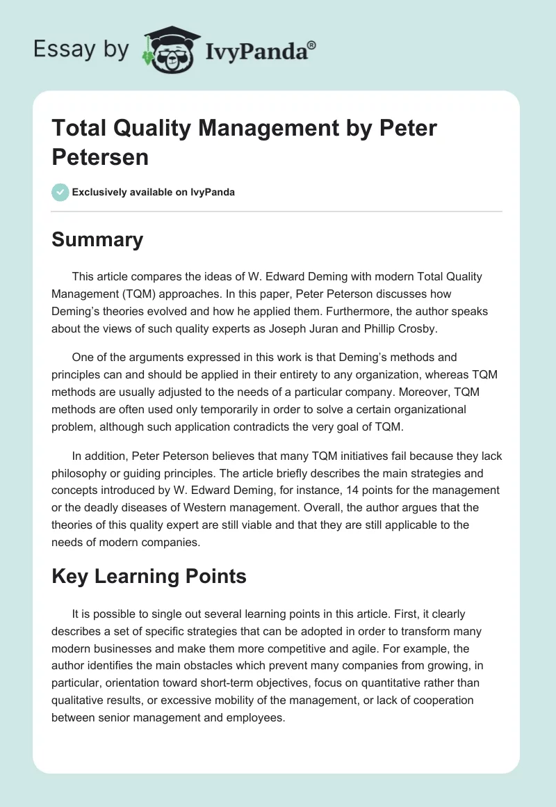 "Total Quality Management" by Peter Petersen. Page 1