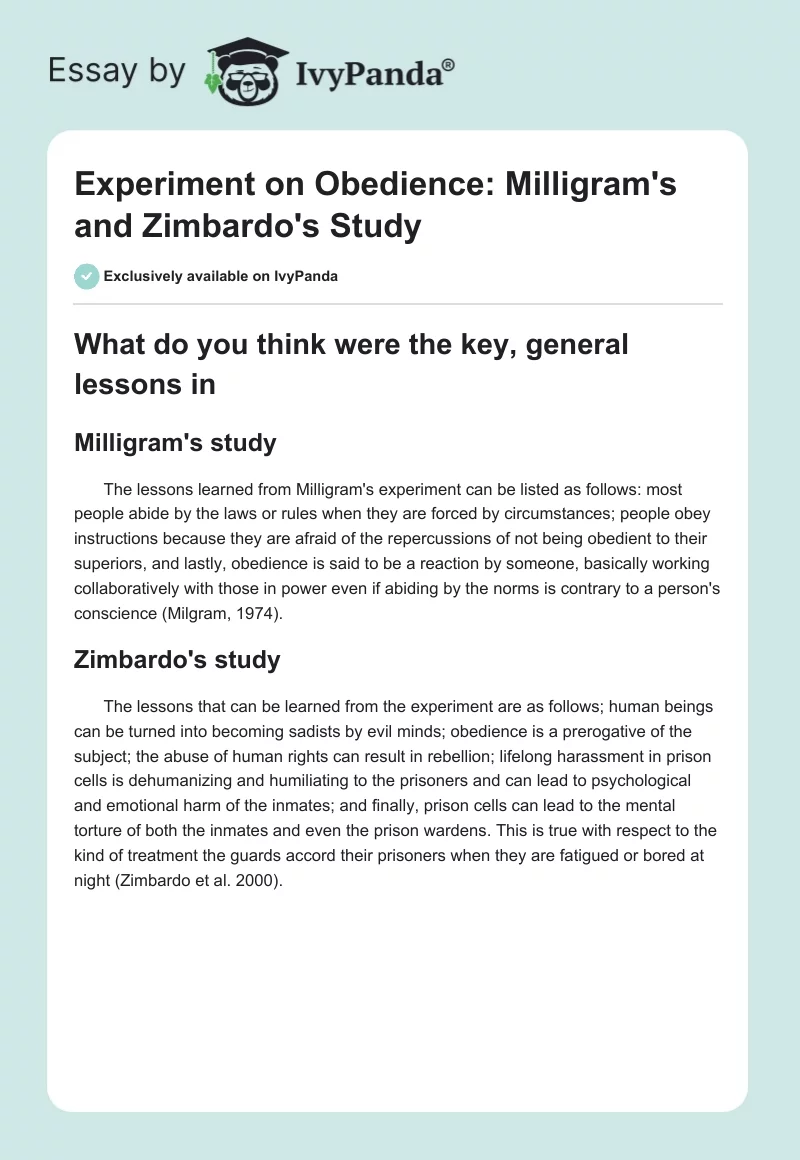 Experiment on Obedience: Milligram's and Zimbardo's Study. Page 1