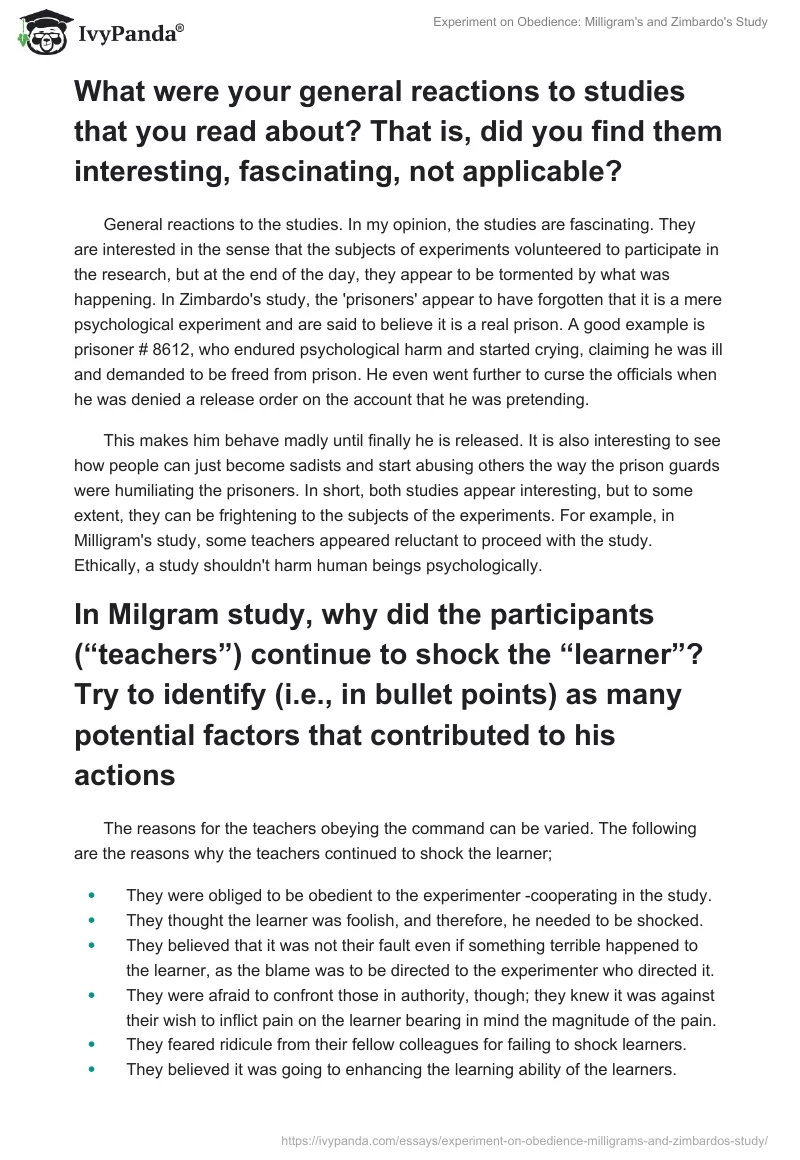 Experiment on Obedience: Milligram's and Zimbardo's Study. Page 2