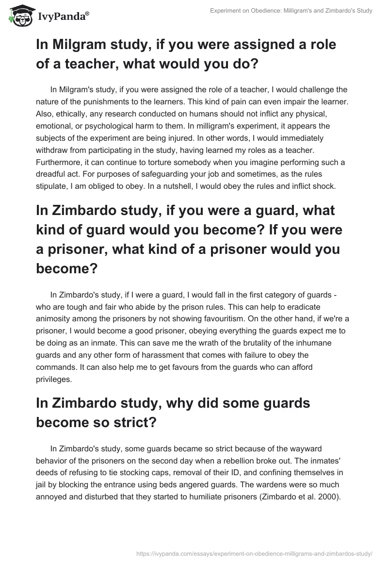 Experiment on Obedience: Milligram's and Zimbardo's Study. Page 3