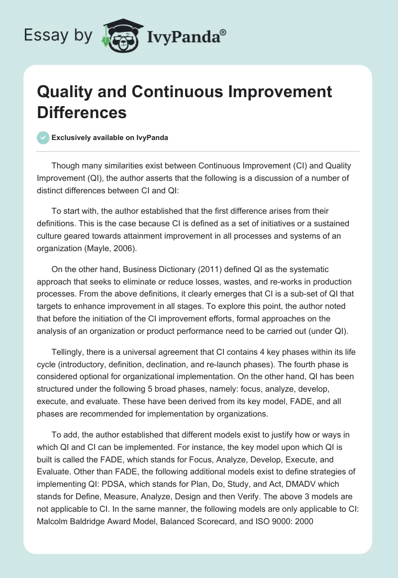 Quality and Continuous Improvement Differences. Page 1