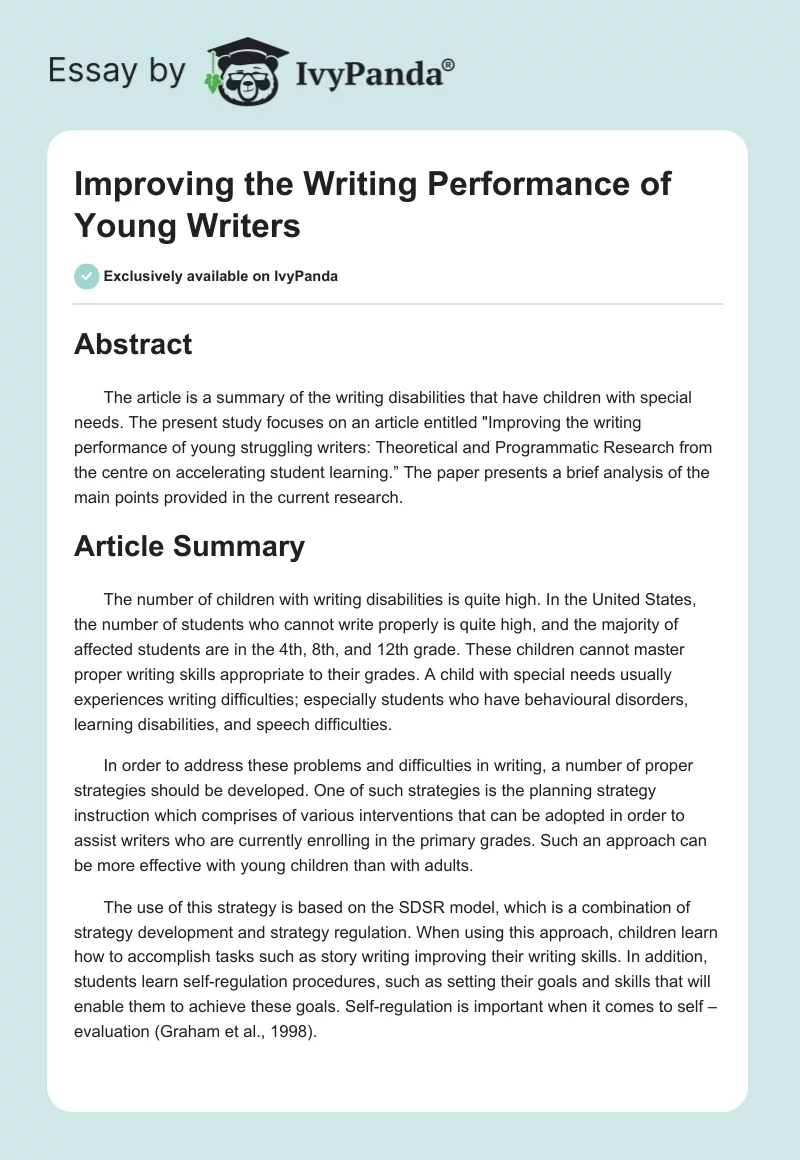 Improving the Writing Performance of Young Writers. Page 1