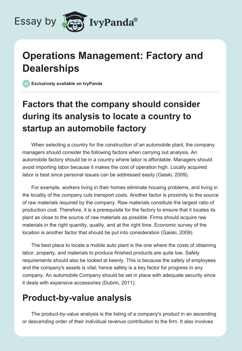 Operations Management: Factory and Dealerships. Page 1