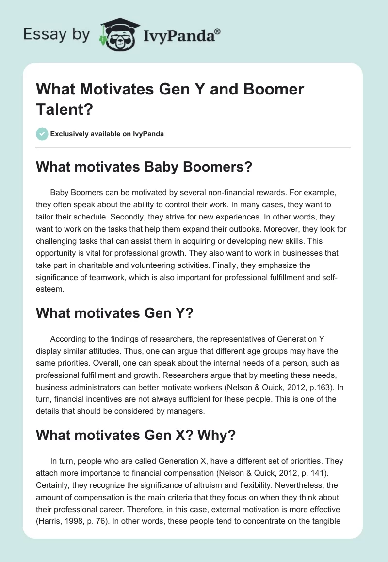 What Motivates Gen Y and Boomer Talent?. Page 1
