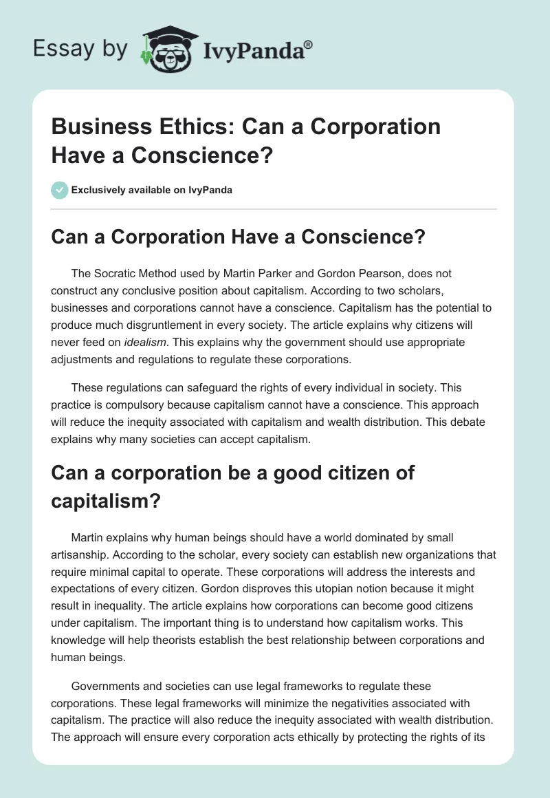 Business Ethics: Can a Corporation Have a Conscience?. Page 1