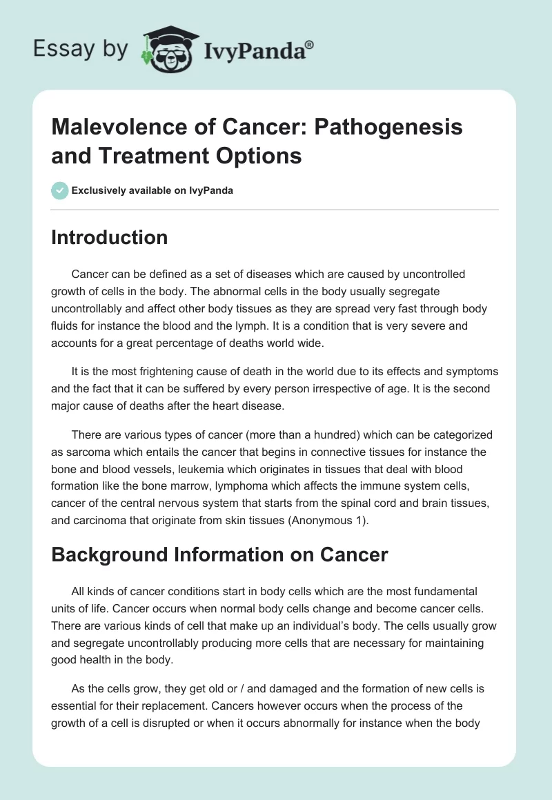 Malevolence of Cancer: Pathogenesis and Treatment Options. Page 1