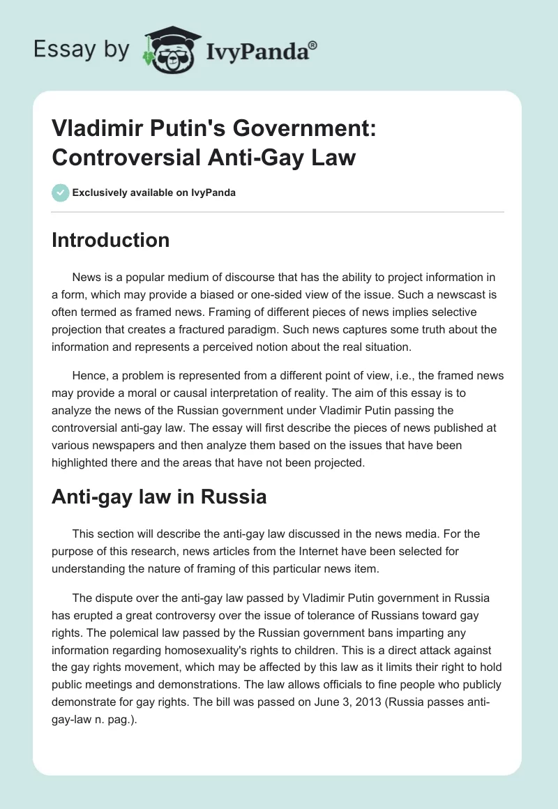 Vladimir Putin's Government: Controversial Anti-Gay Law. Page 1