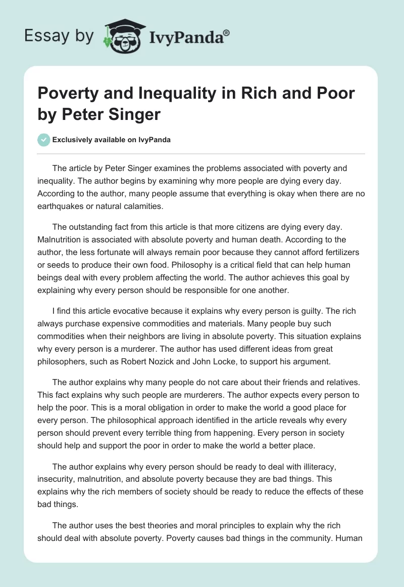 Poverty and Inequality in "Rich and Poor" by Peter Singer. Page 1