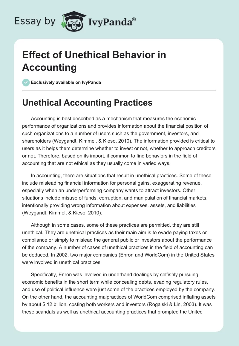 Effect of Unethical Behavior in Accounting. Page 1