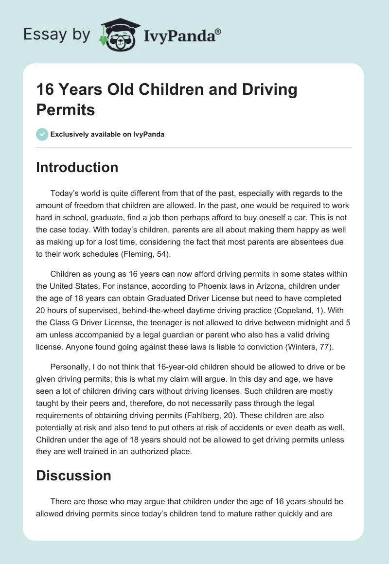 16 Years Old Children and Driving Permits. Page 1