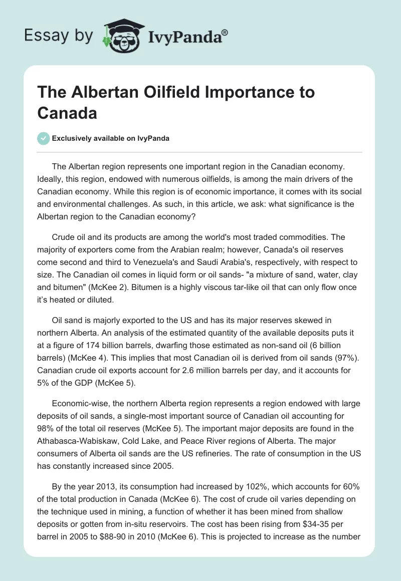 The Albertan Oilfield Importance to Canada. Page 1