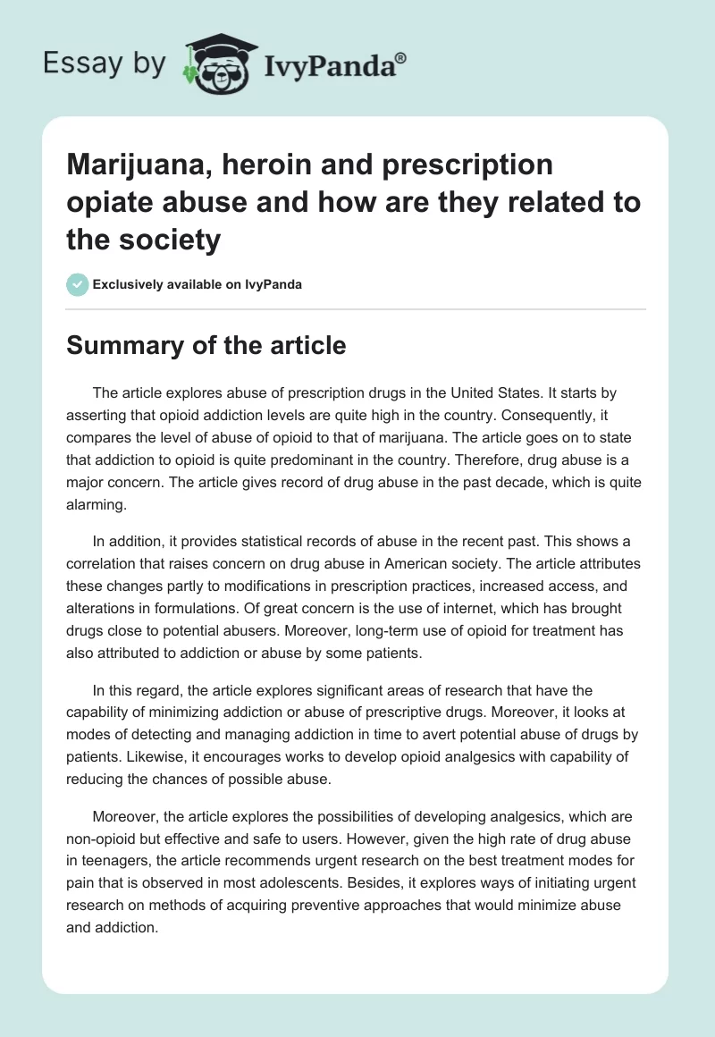 Marijuana, Heroin and Prescription Opiate Abuse and How Are They Related to the Society. Page 1