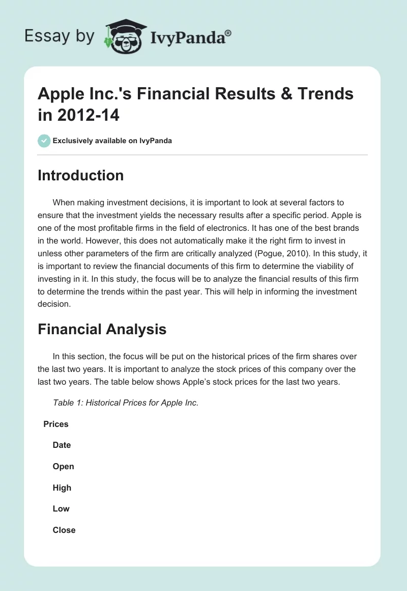 Apple Inc.'s Financial Results & Trends in 2012-14. Page 1