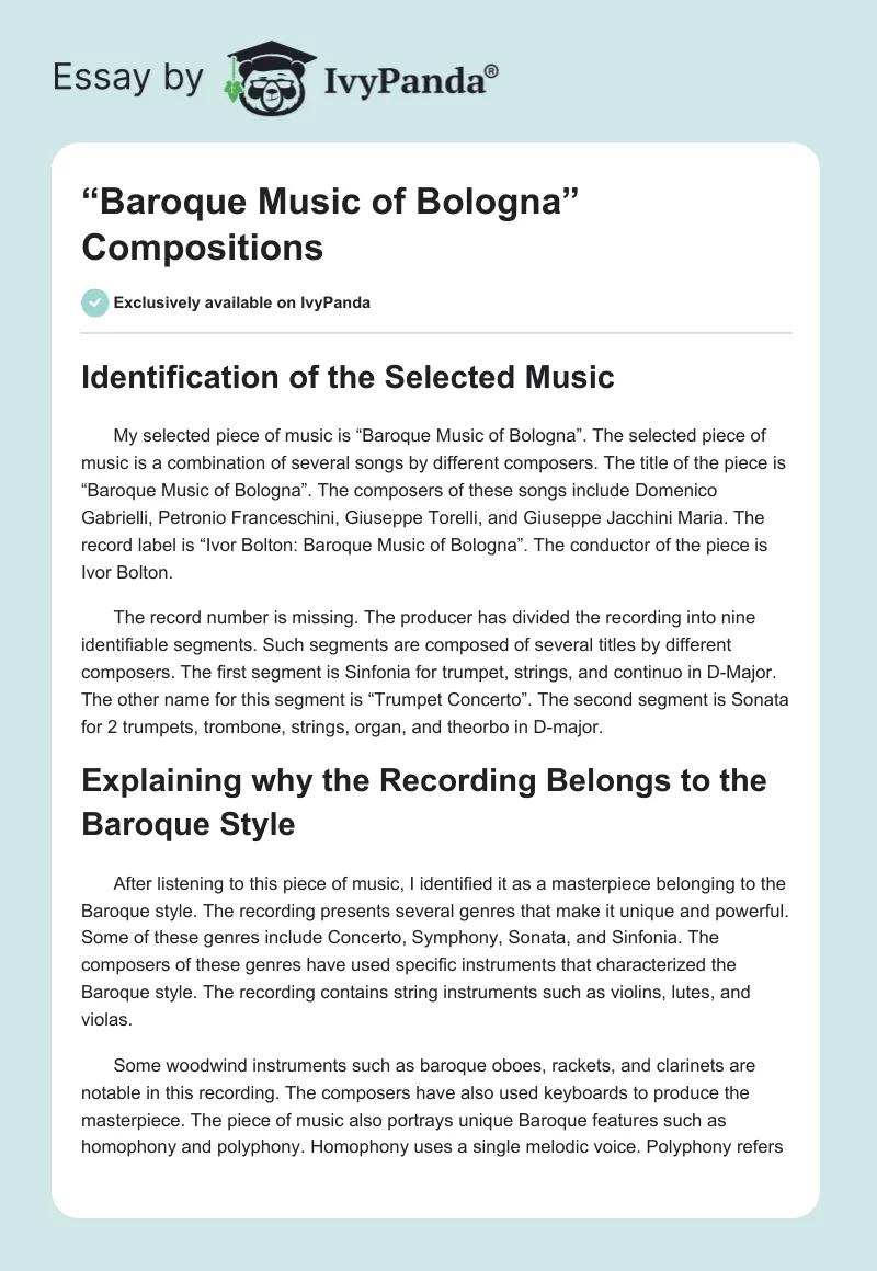 “Baroque Music of Bologna” Compositions. Page 1