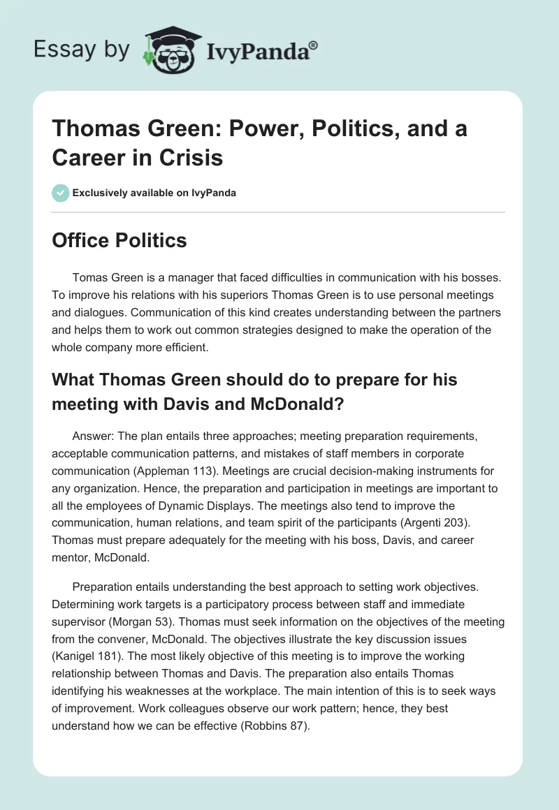 Thomas Green: Power, Politics, and a Career in Crisis. Page 1