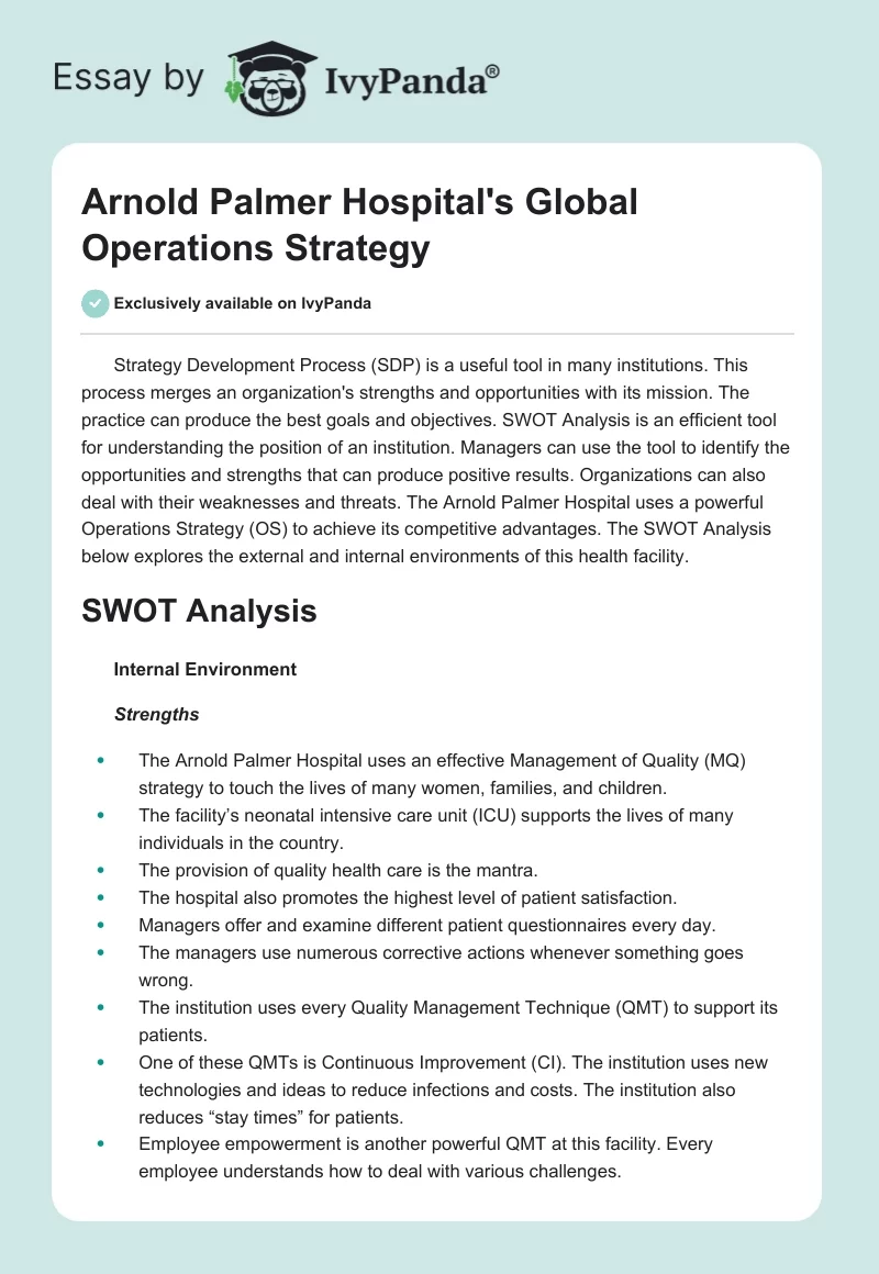 Arnold Palmer Hospital's Global Operations Strategy. Page 1