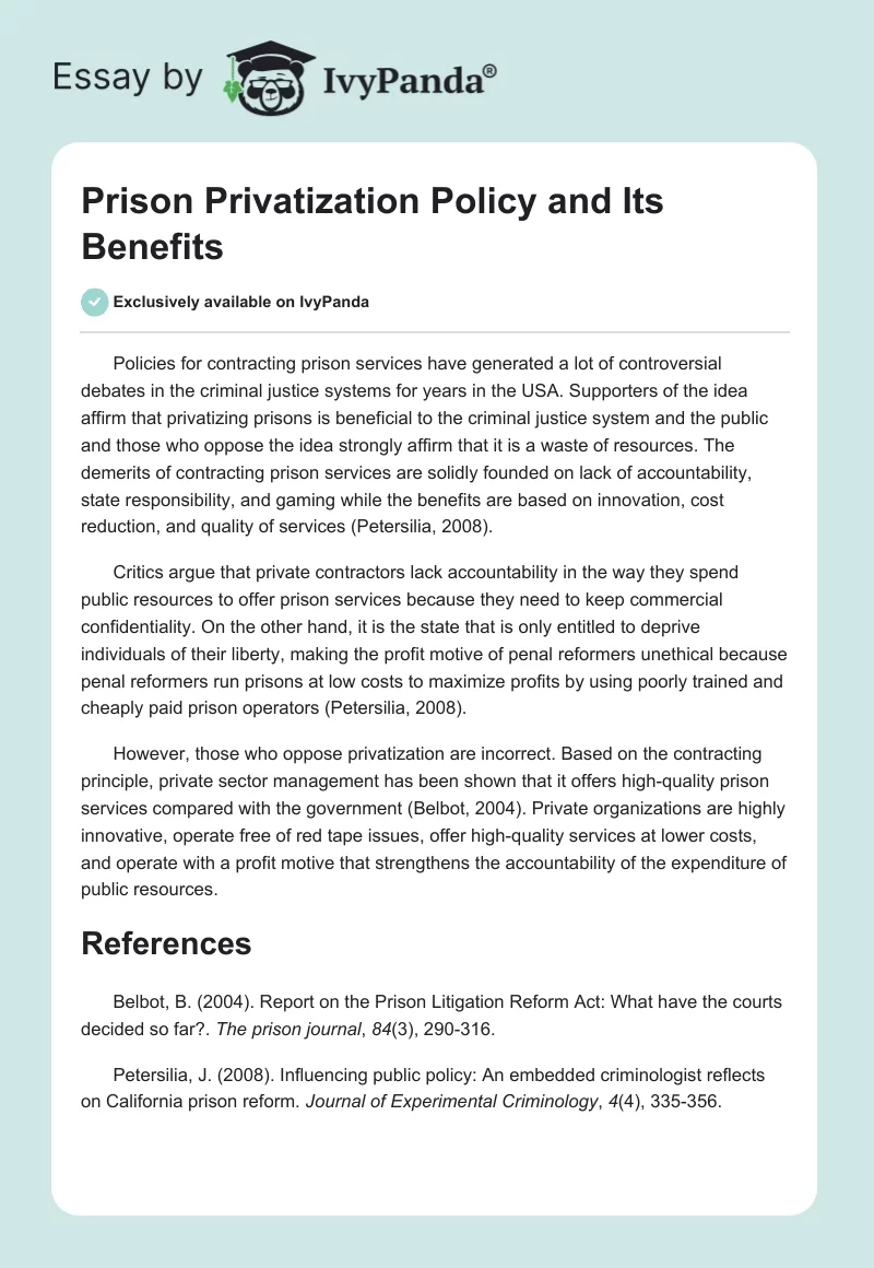 Prison Privatization Policy and Its Benefits. Page 1