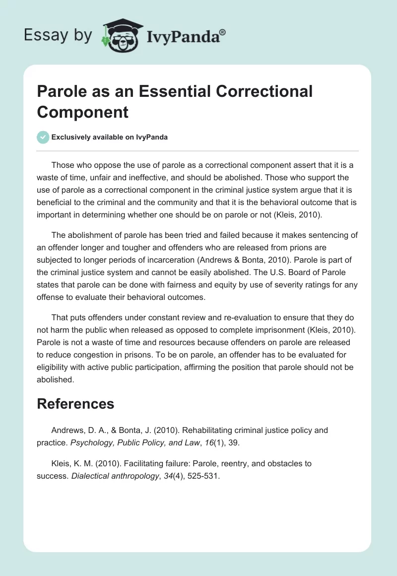 Parole as an Essential Correctional Component. Page 1