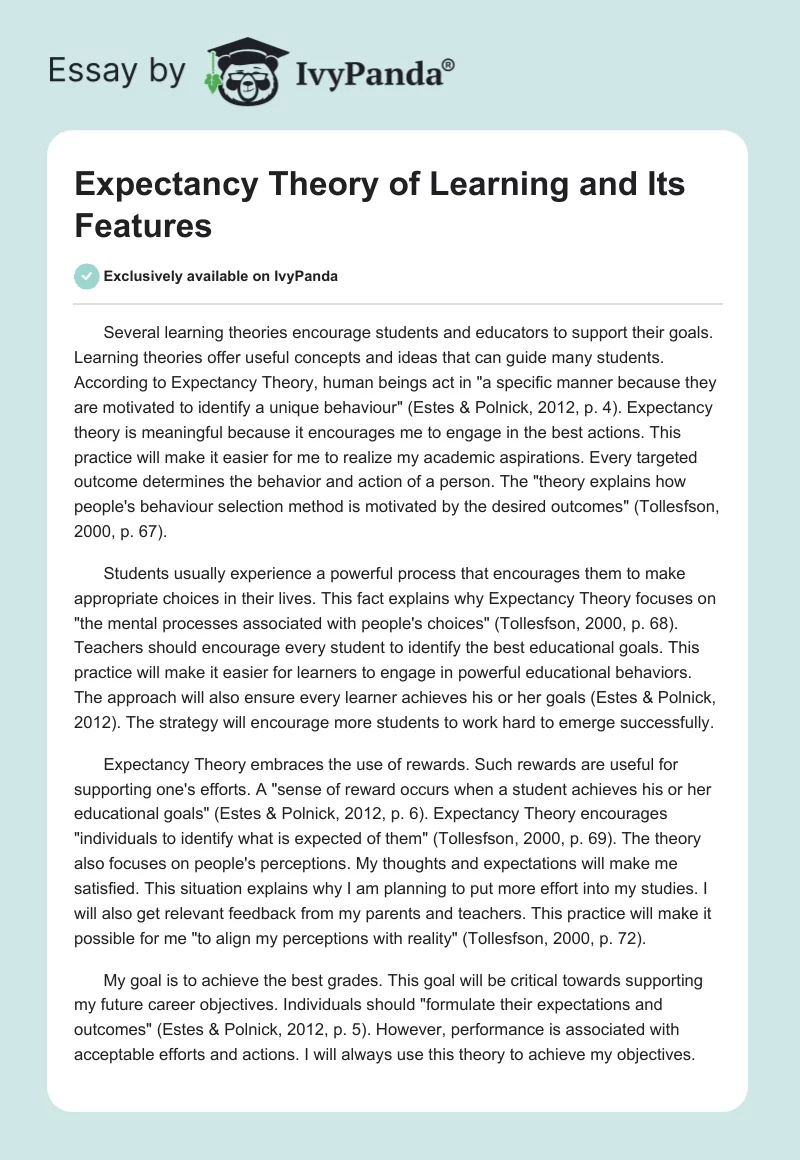 Expectancy Theory of Learning and Its Features. Page 1