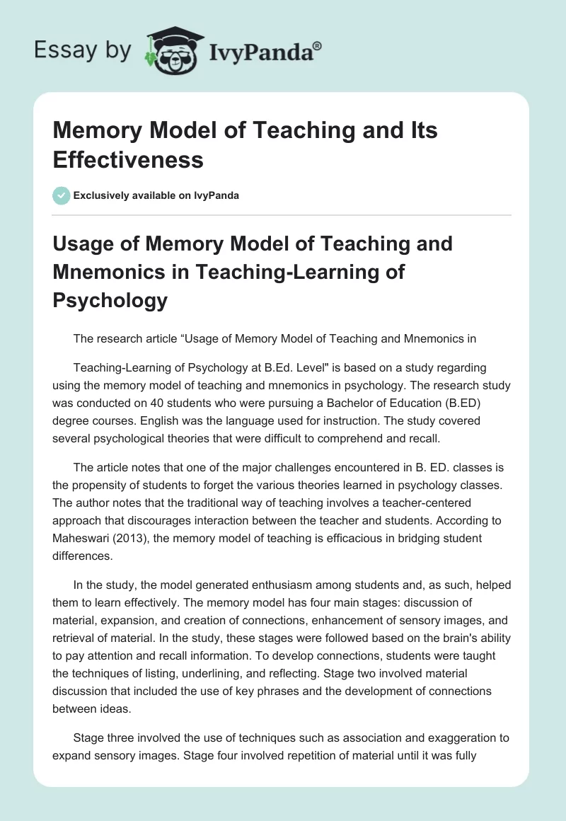 Memory Model of Teaching and Its Effectiveness. Page 1