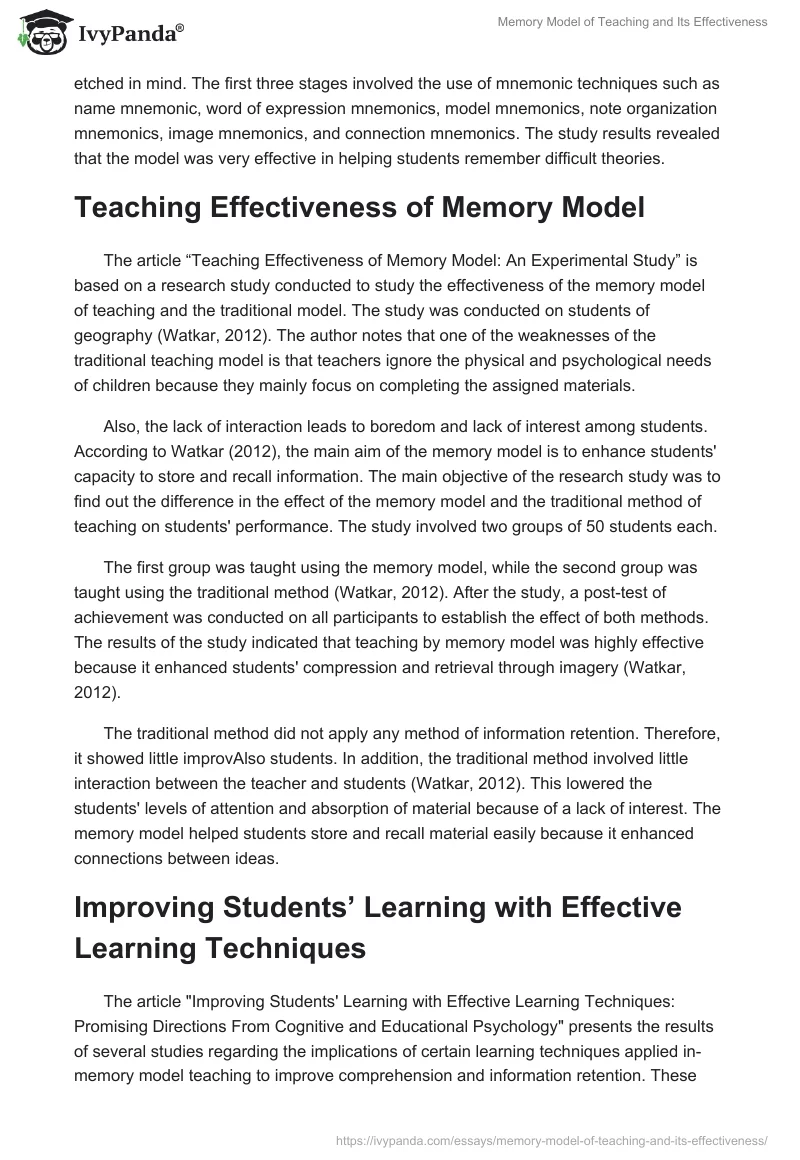 Memory Model of Teaching and Its Effectiveness. Page 2