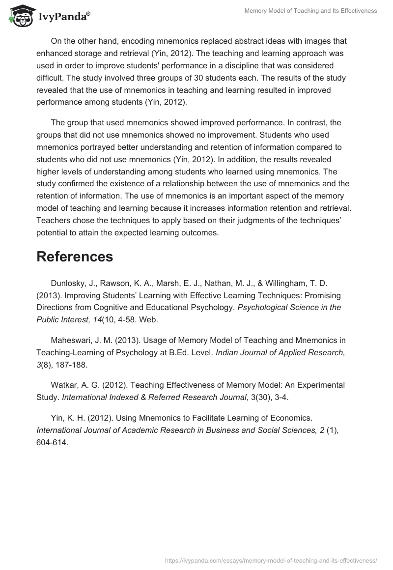 Memory Model of Teaching and Its Effectiveness. Page 4