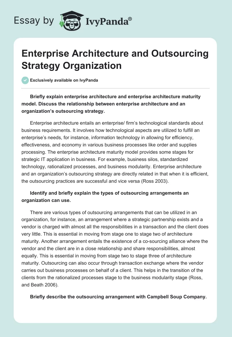 Enterprise Architecture and Outsourcing Strategy Organization. Page 1