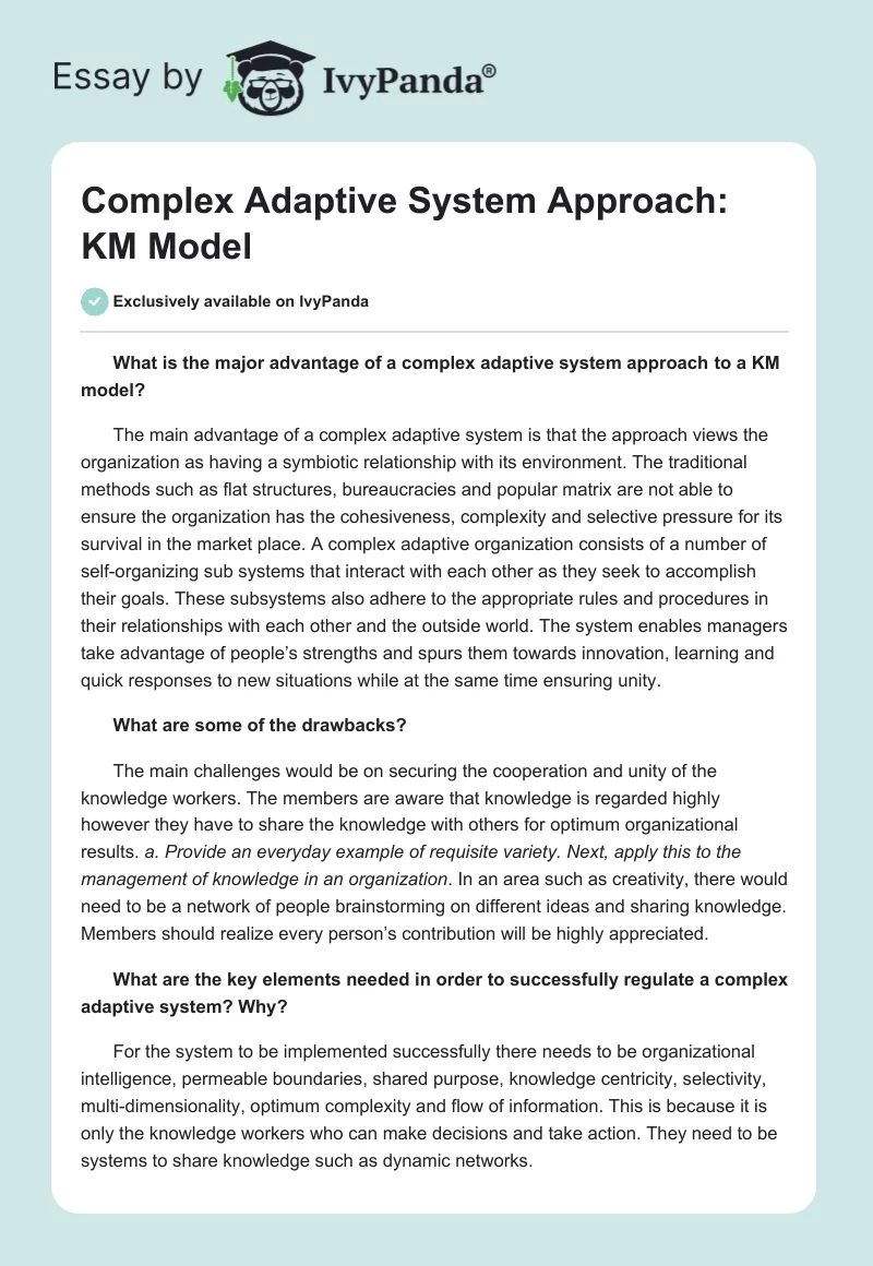 Complex Adaptive System Approach: KM Model. Page 1