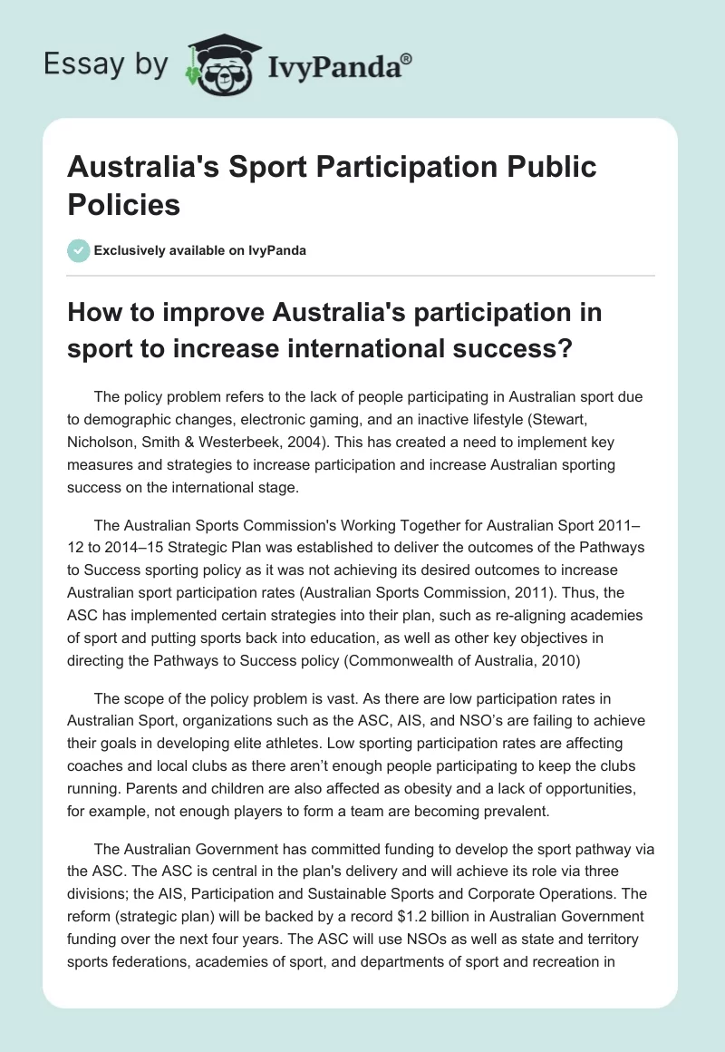 Australia's Sport Participation Public Policies. Page 1