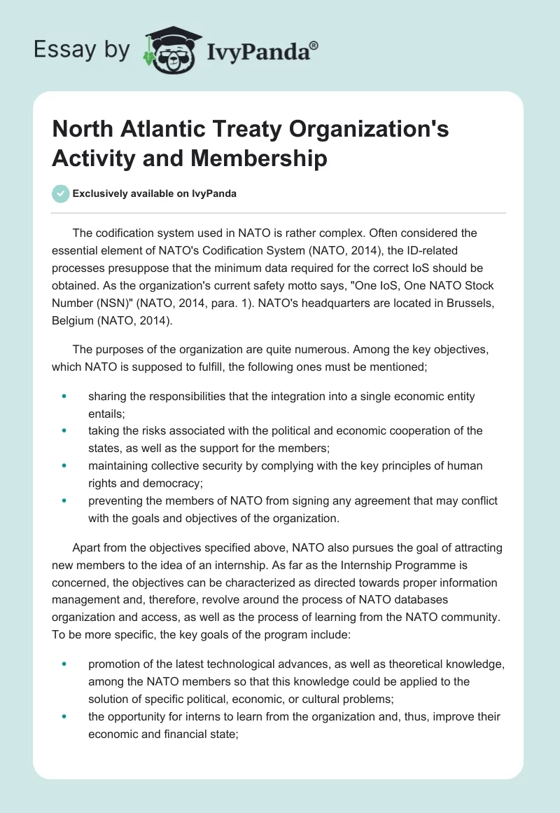 North Atlantic Treaty Organization's Activity and Membership. Page 1