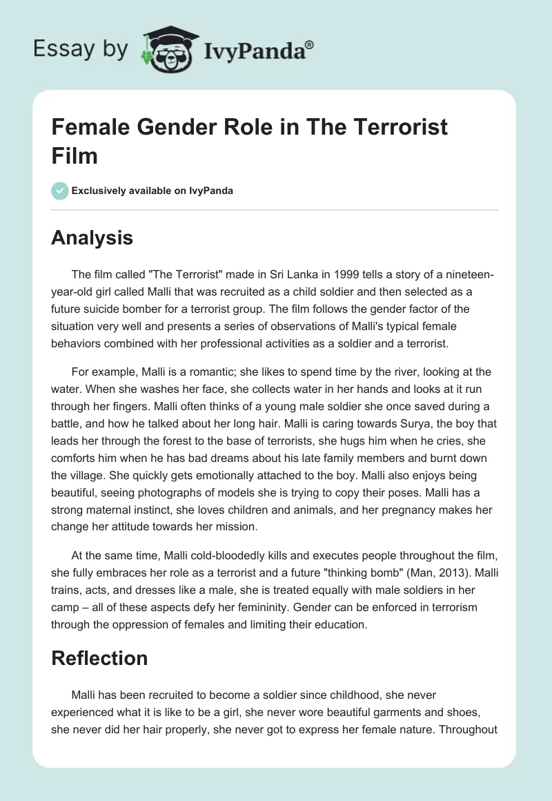 Female Gender Role in "The Terrorist" Film. Page 1