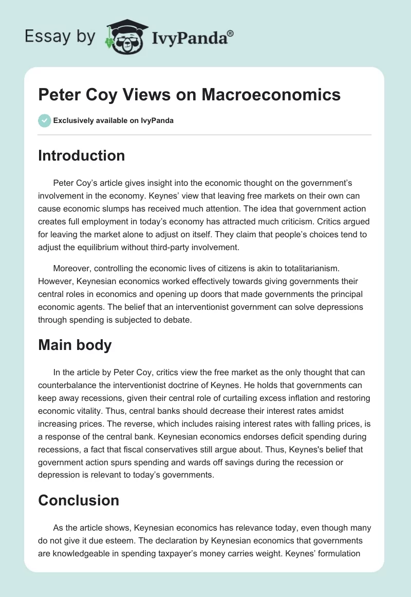 Peter Coy Views on Macroeconomics. Page 1