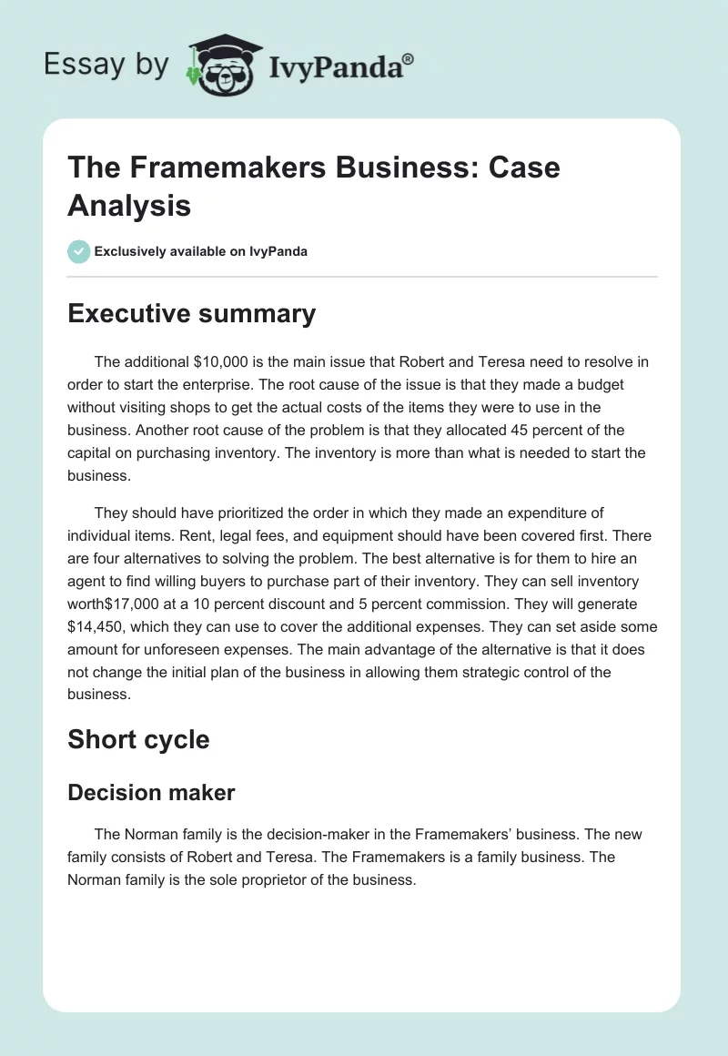 The Framemakers Business: Case Analysis. Page 1