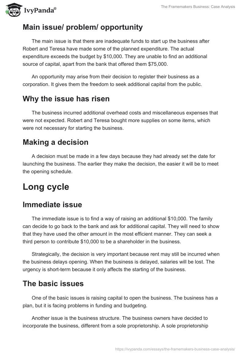 The Framemakers Business: Case Analysis. Page 2