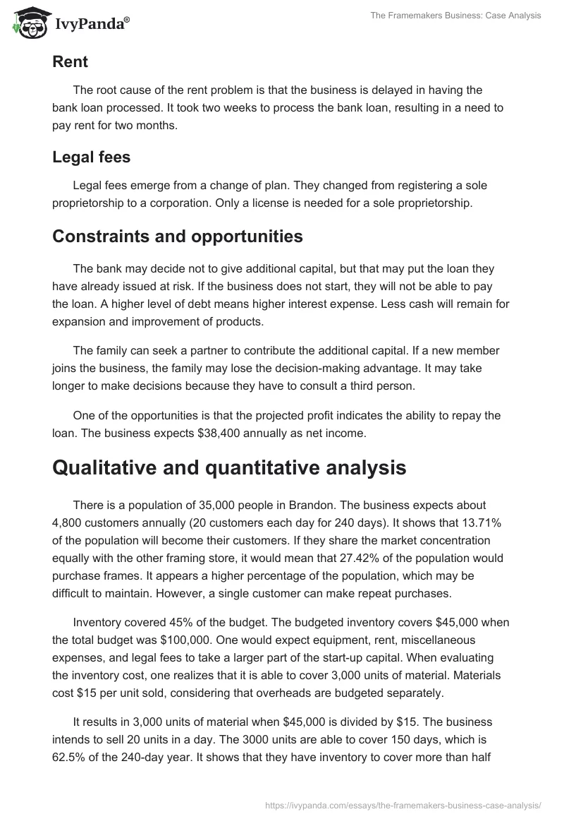 The Framemakers Business: Case Analysis. Page 4