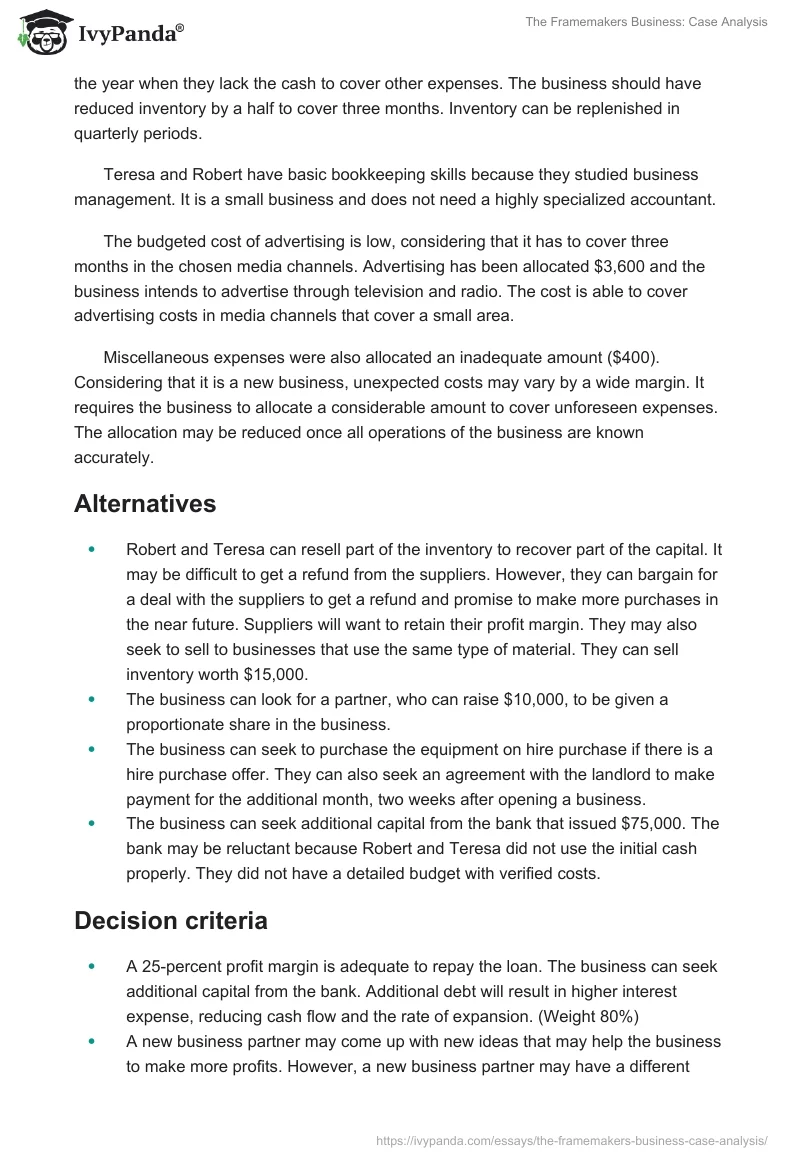 The Framemakers Business: Case Analysis. Page 5