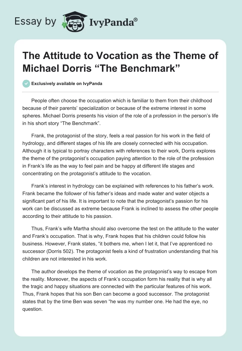 The Attitude to Vocation as the Theme of Michael Dorris “The Benchmark”. Page 1