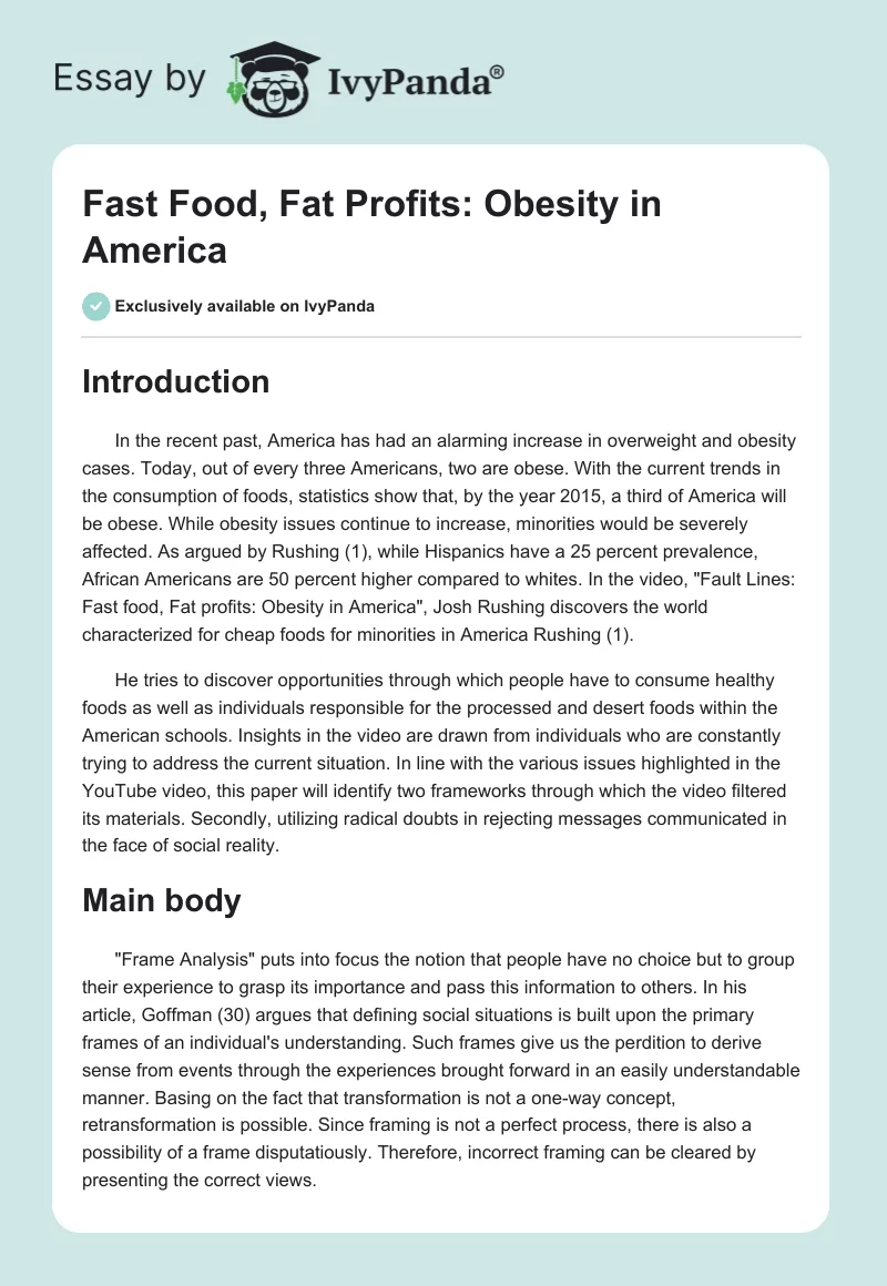 Fast Food, Fat Profits: Obesity in America. Page 1