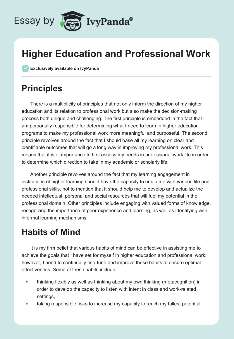 Higher Education and Professional Work. Page 1