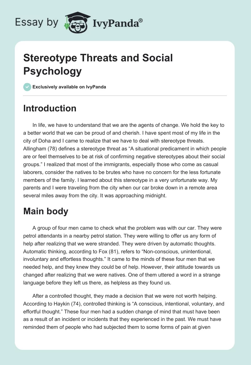 Stereotype Threats and Social Psychology. Page 1