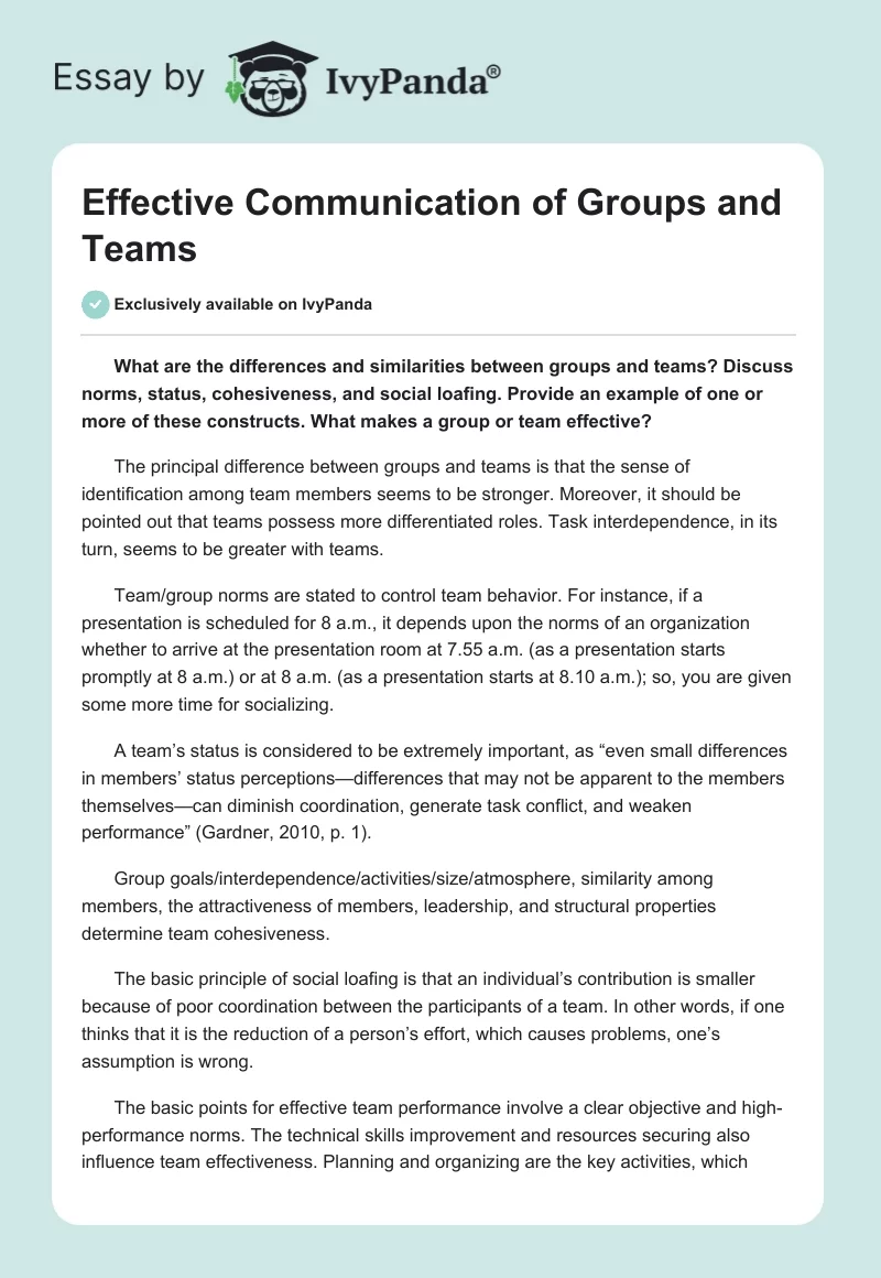 Effective Communication of Groups and Teams. Page 1