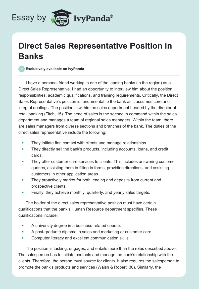 Direct Sales Representative Position in Banks. Page 1